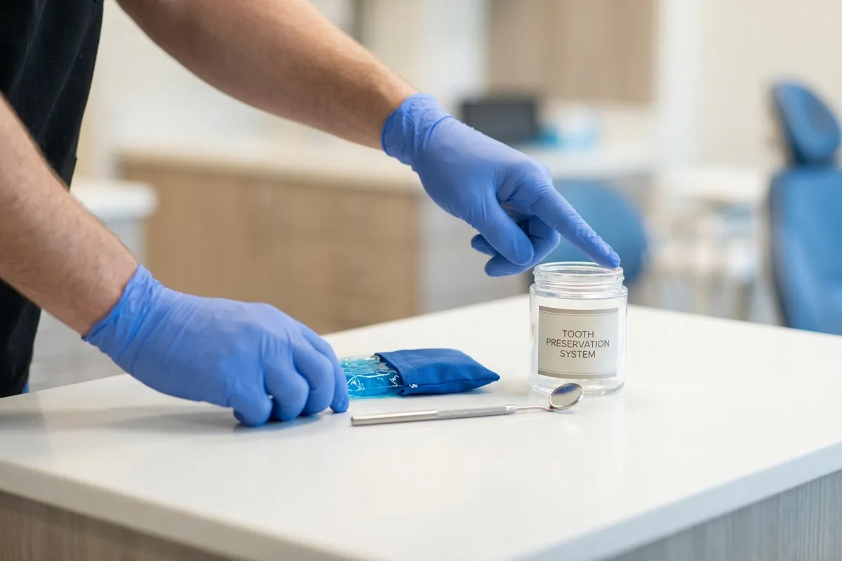 Un frasco para guardar dientes, una compresa de gel frío y un espejo dental reposan sobre una mesa clínica.