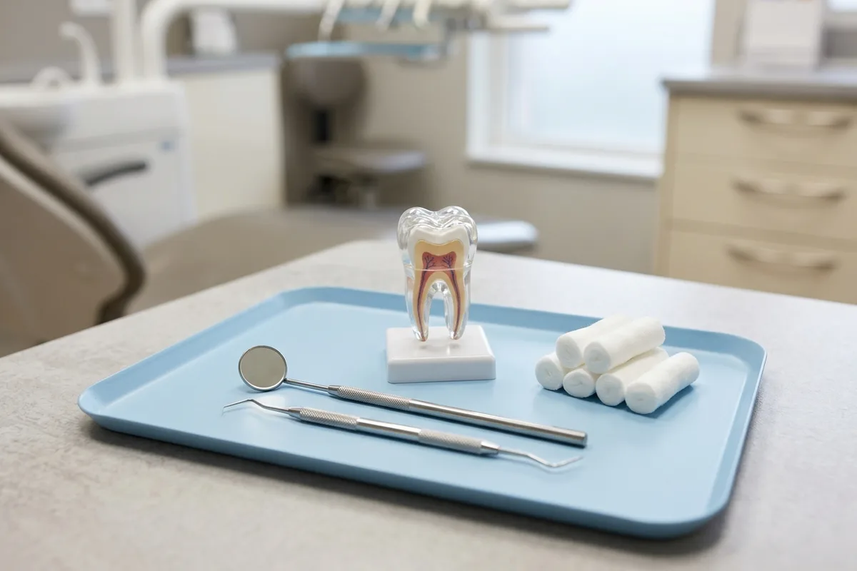 Herramientas dentales de diagnóstico, gasas y un modelo anatómico dental sobre una bandeja clínica limpia.