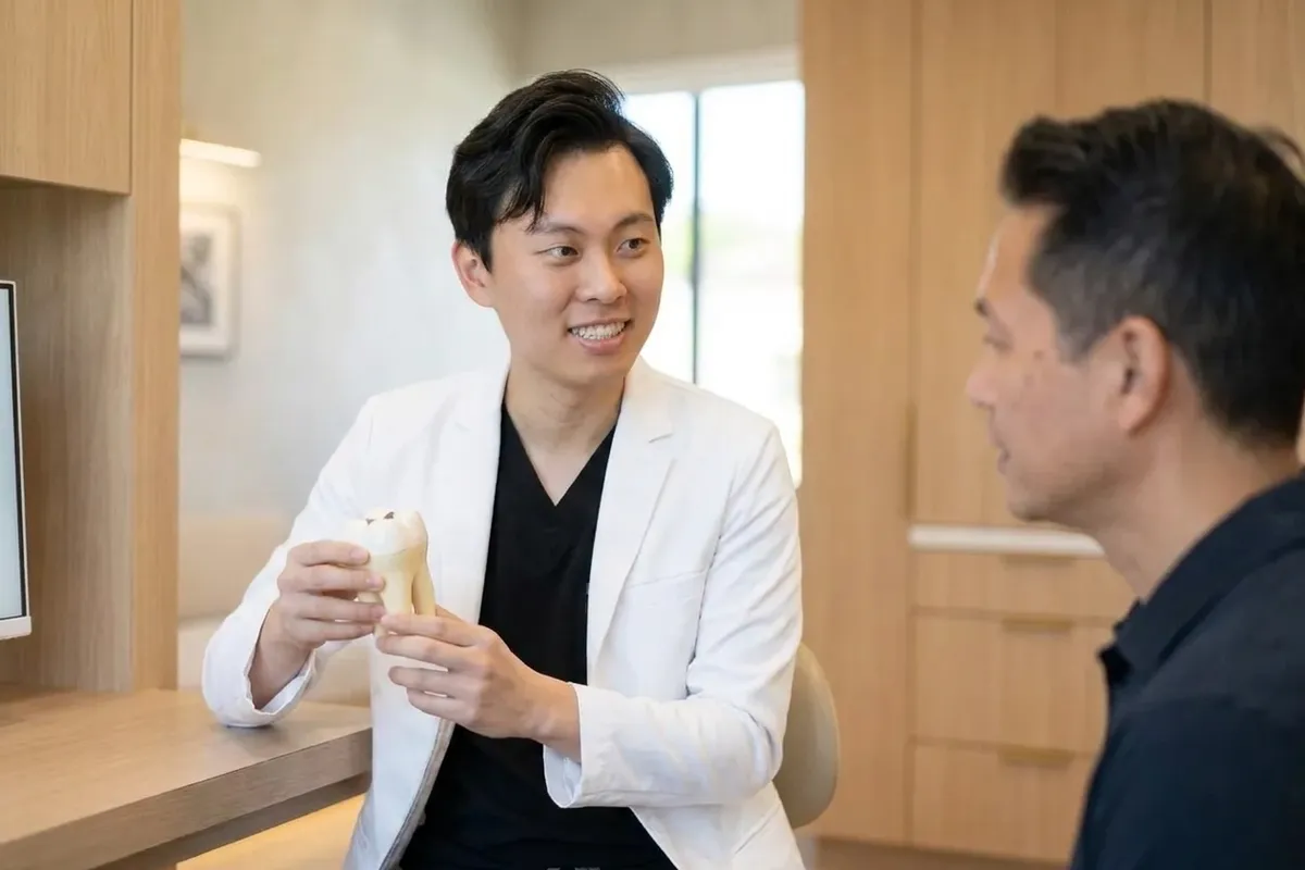 modelo dental y materiales para empastes dentales en un entorno clínico luminoso