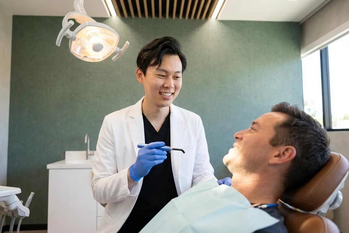 El Dr. Yiyang Zou termina un empaste de resina del color del diente para un paciente.