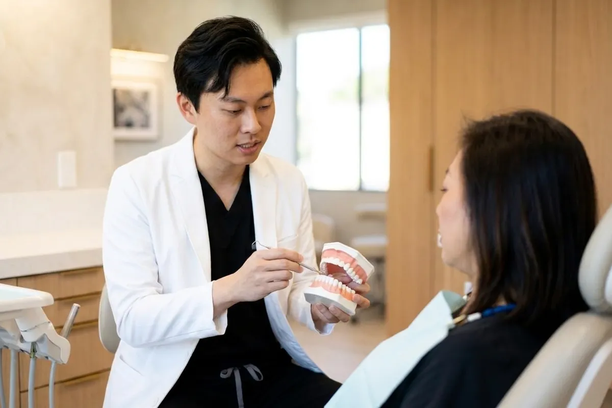 Dr. Yiyang Zou points to the gum line on a teeth model to show a patient where tartar builds up between cleanings.