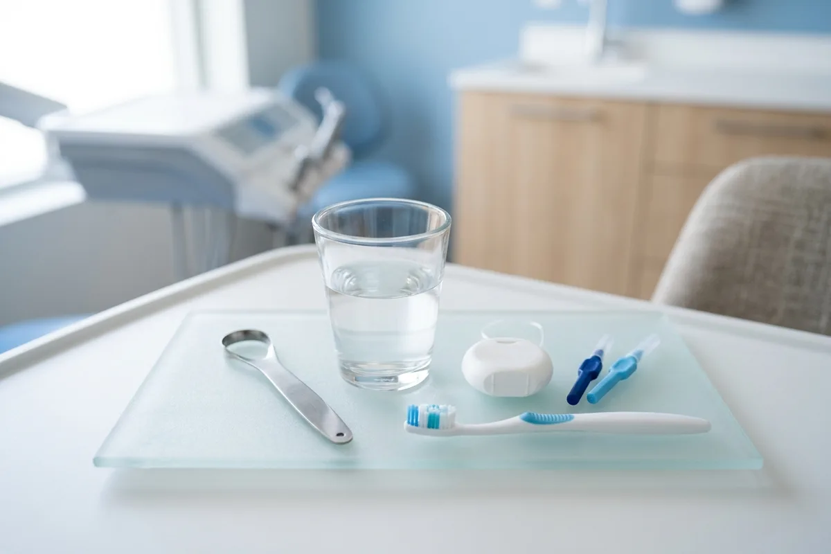 A metal tongue scraper, a soft toothbrush, and a glass of rinse water arranged neatly on a frosted clinical tray.