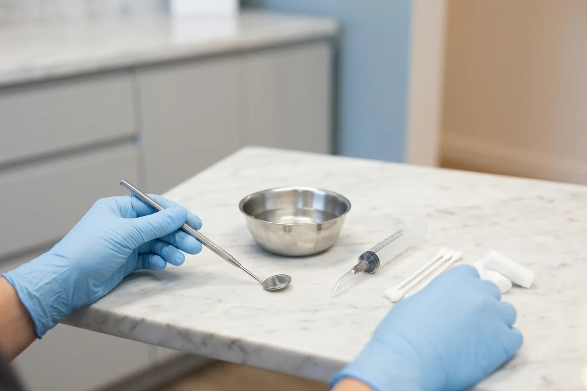 A dental mirror, cotton swabs, and a curved irrigation syringe neatly set beside a small saline dish on a marble surface.