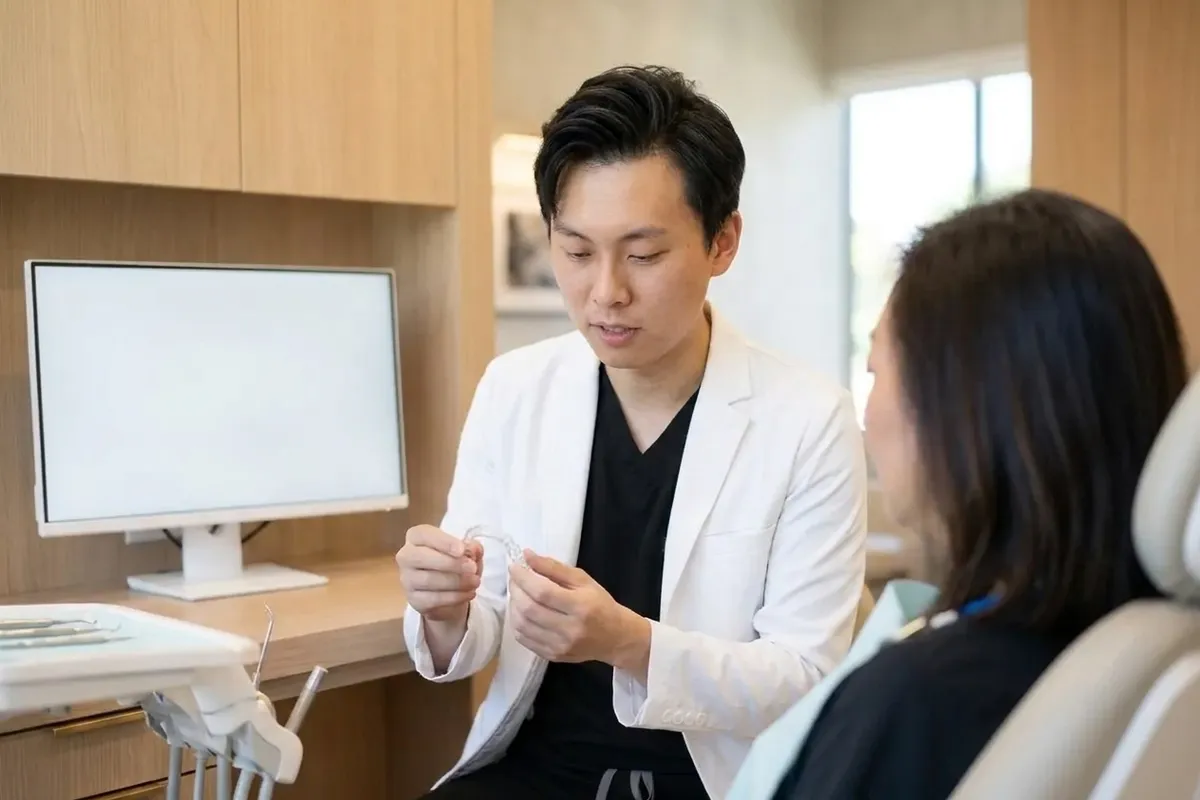 Dr. Yiyang Zou shows an adult patient a clear aligner tray in the treatment room to explain daily home care.