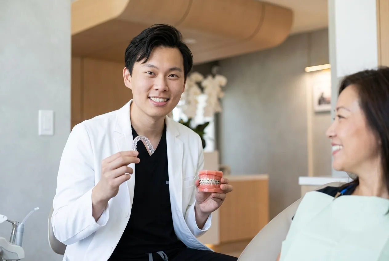 Dr. Yiyang Zou holds a clear aligner and a braces model to show a patient the difference.