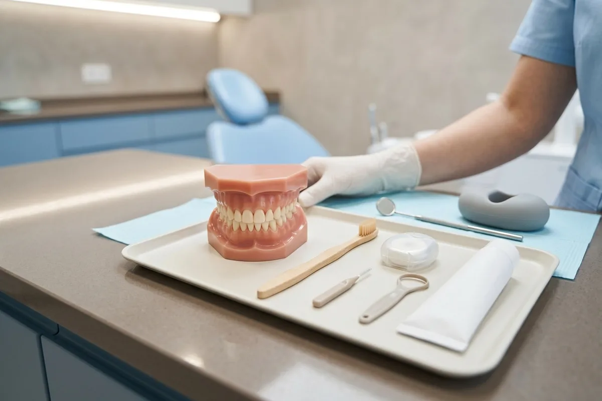 A soft toothbrush and dental floss positioned beside a typodont dental model displaying healthy pink gums.