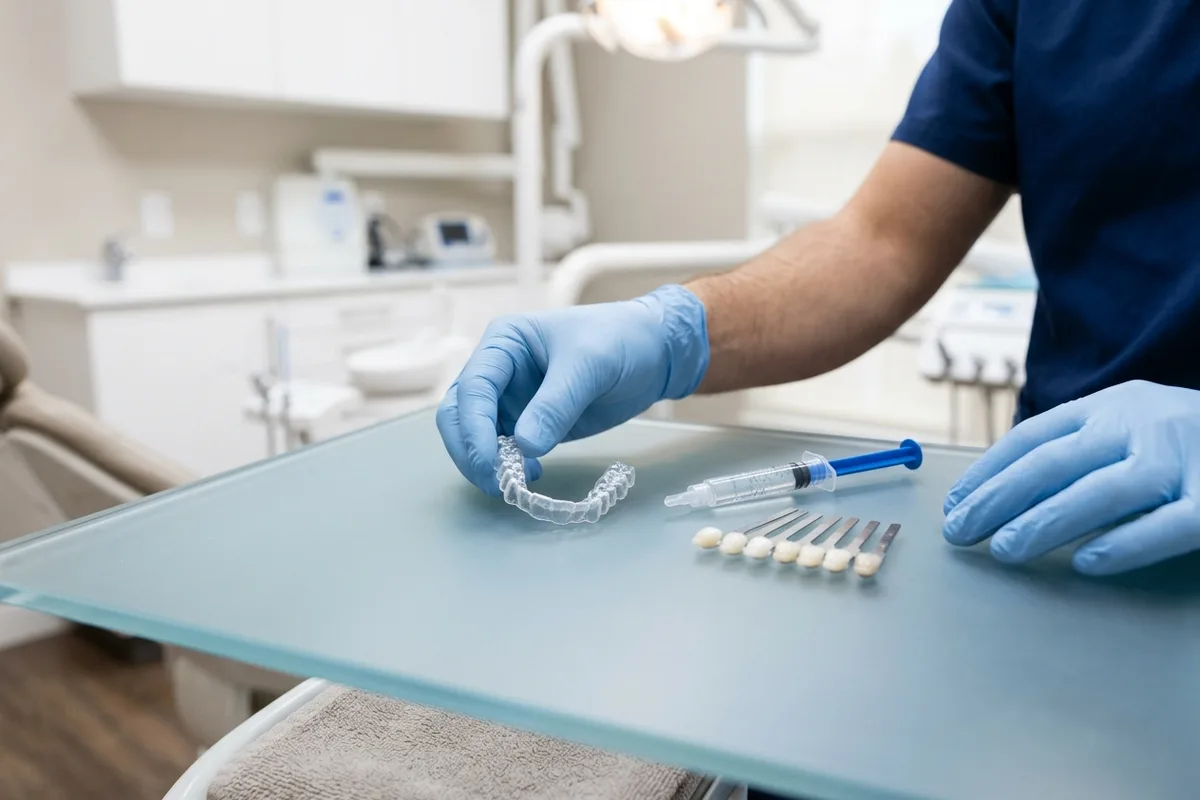 Clear dental whitening trays resting next to an applicator syringe and tooth shade tabs on a glass surface.