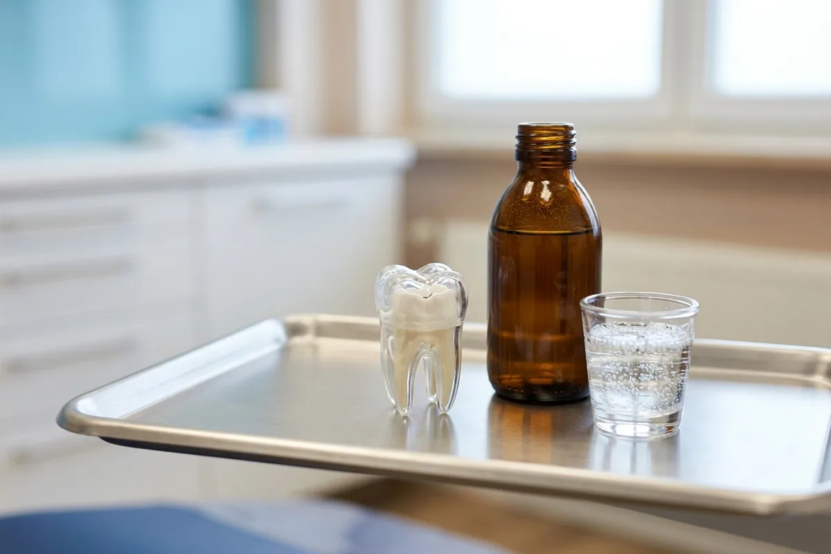 An amber dropper bottle, a small glass beaker with effervescent liquid, and a tooth model on a clinical surface.
