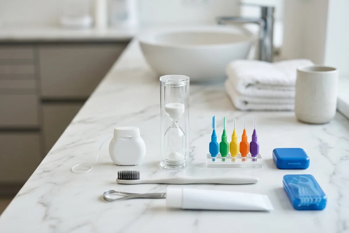 Dental floss, small interdental brushes, and a glass sand timer sit neatly arranged on a white marble countertop.