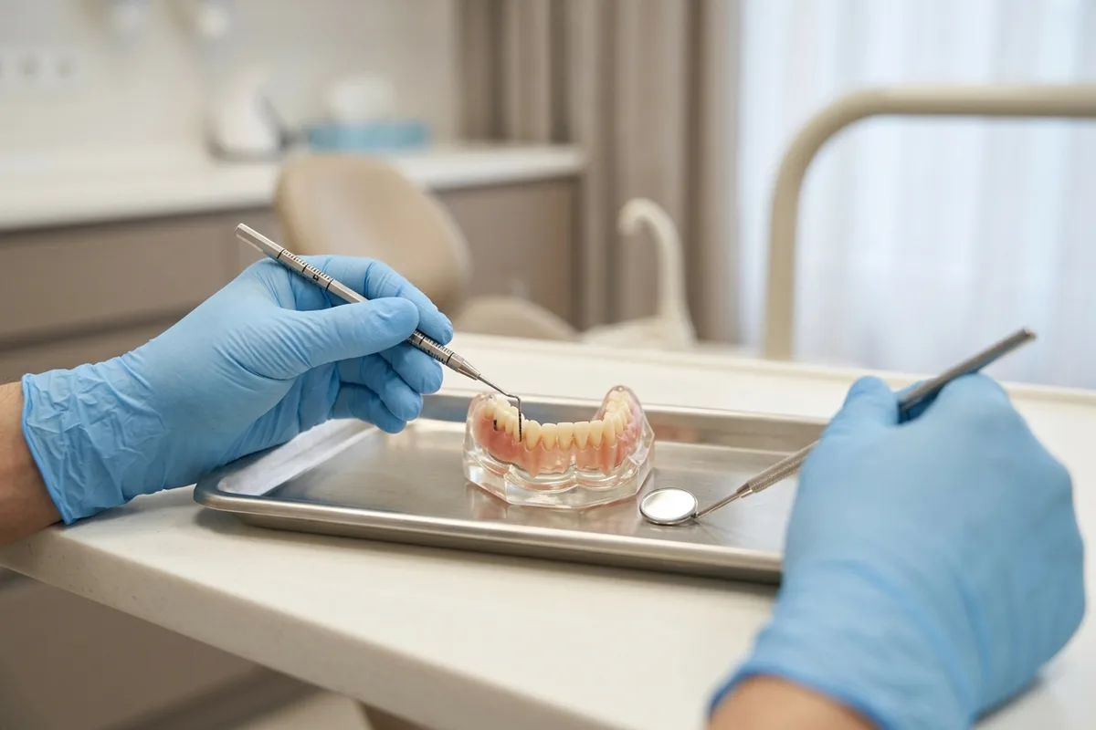 A calibrated periodontal probe and a dental mirror lie neatly across a stainless steel tray beside a clear gum model.