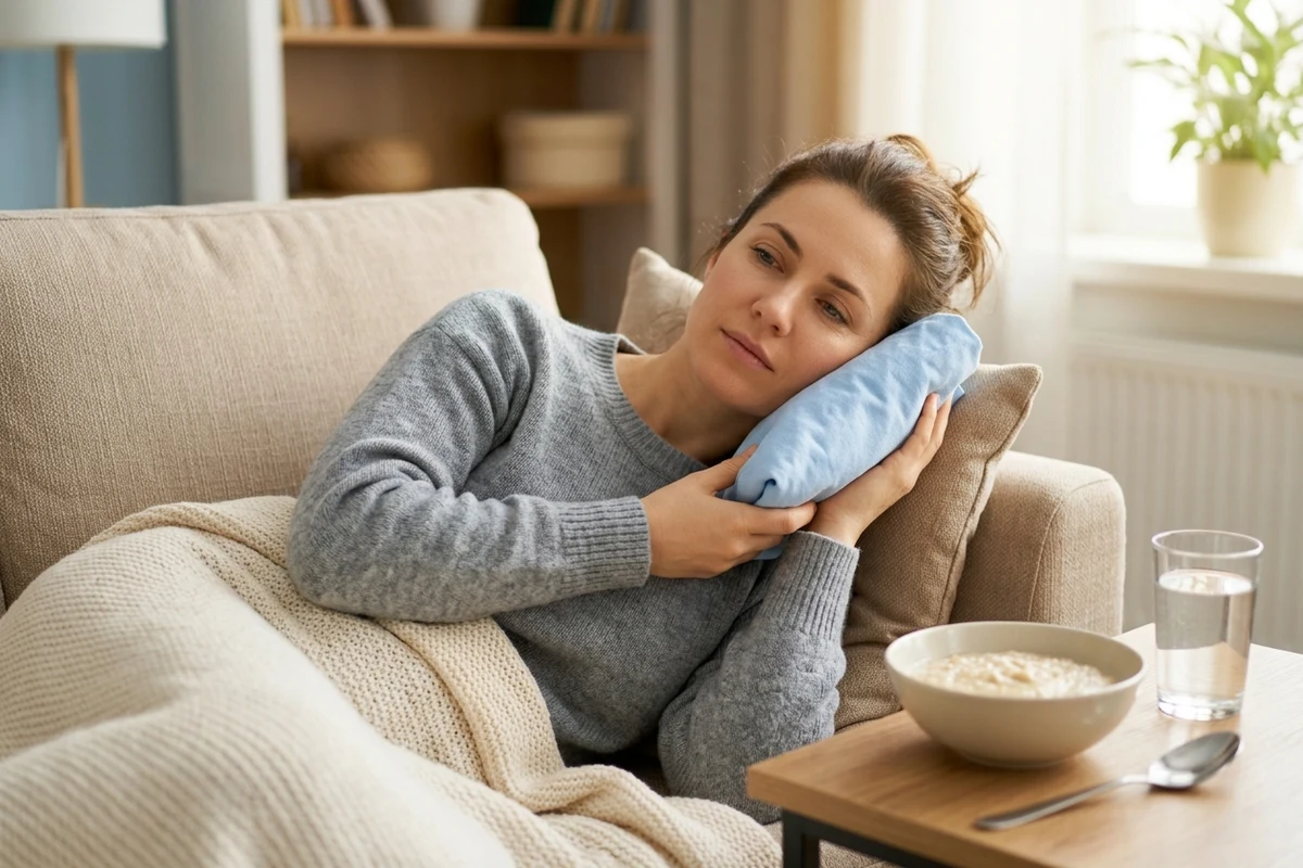 Paciente descansando en casa con una compresa fría después de un tratamiento dental