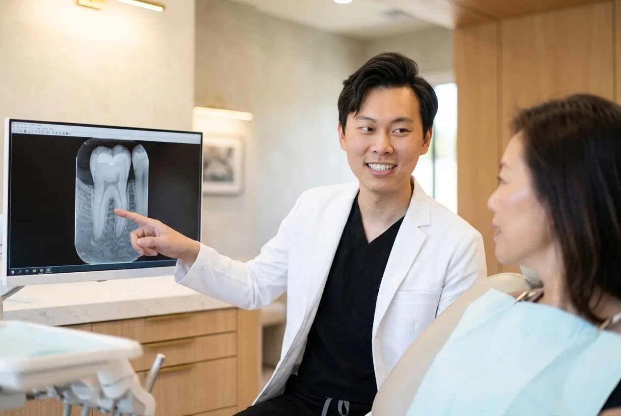 Dentista que conversa con un paciente sobre una imagen dental durante una consulta