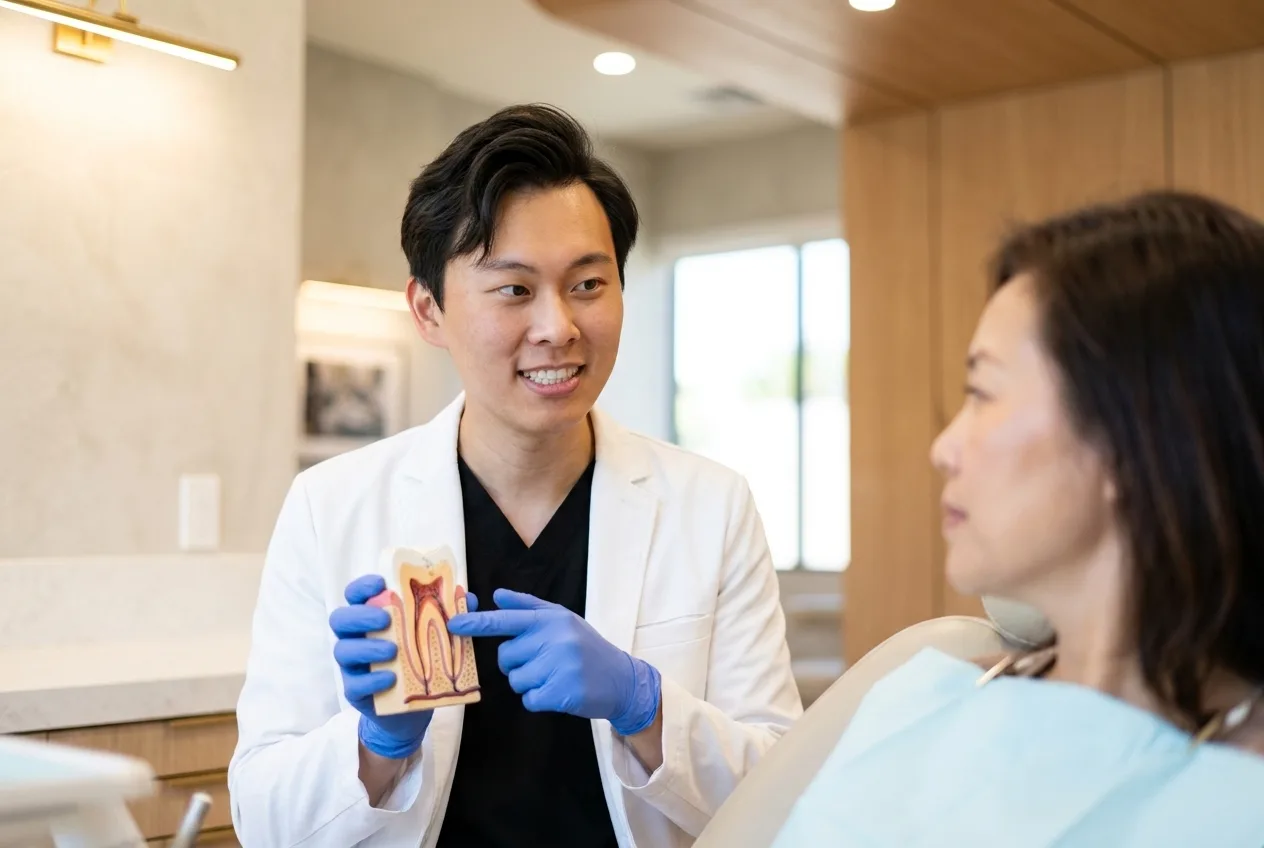 El Dr. Yiyang Zou usa un modelo de corte de un diente para explicarle el tratamiento de conducto a una paciente.