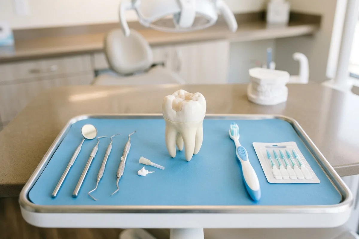 modelo dental y materiales para el cuidado de dientes dañados en un entorno clínico bien iluminado