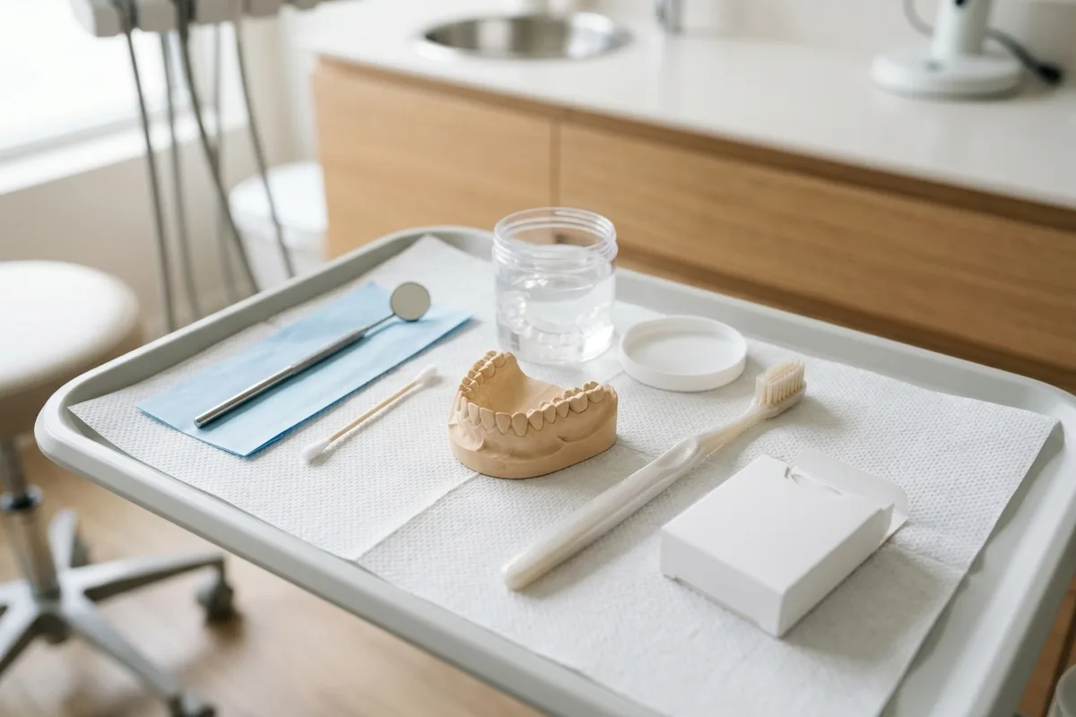 A soft toothbrush, dental floss, and an appliance cleaning bath resting on a white clinical tray.