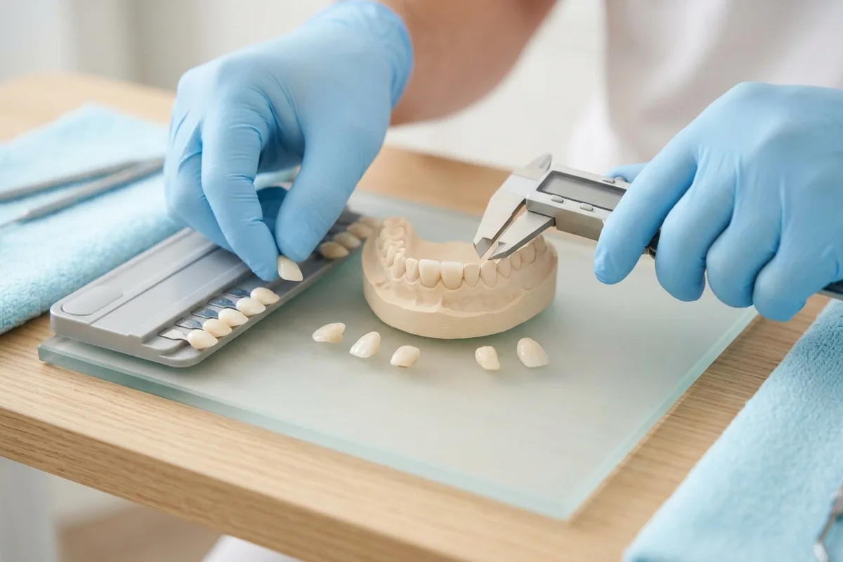 Dental shade guide tabs and measuring calipers arranged near a tooth model on a frosted glass surface.