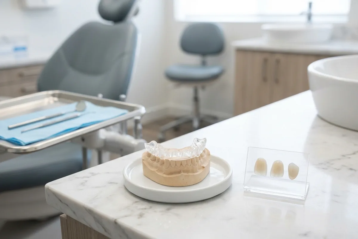 A removable snap-on veneer appliance displayed next to three individual porcelain veneer shells on a marble surface.