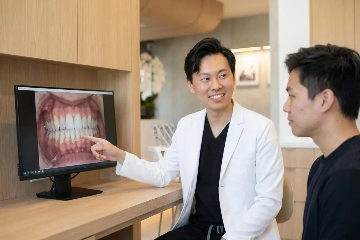 modelo dental de alineadores transparentes y materiales en un entorno clínico luminoso