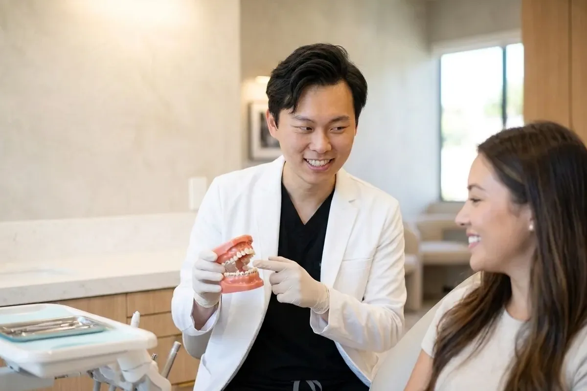 El Dr. Yiyang Zou le explica a una paciente los dientes torcidos con un modelo dental.