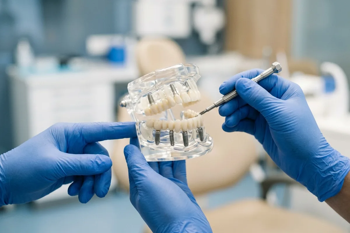 Un modelo de mandíbula transparente muestra cuatro implantes de titanio que sujetan un puente inferior fijo.