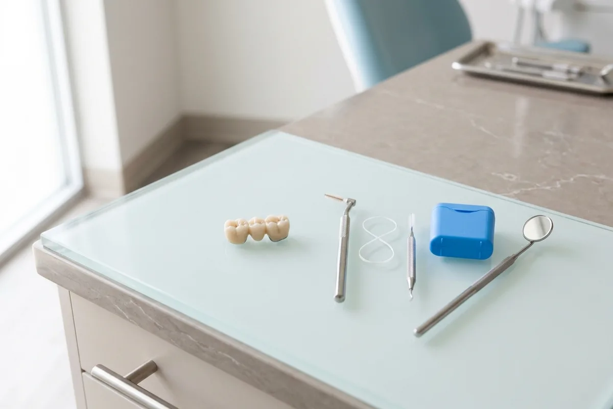 A porcelain bridge rests beside interdental brushes and floss threaders on a reflective glass surface.