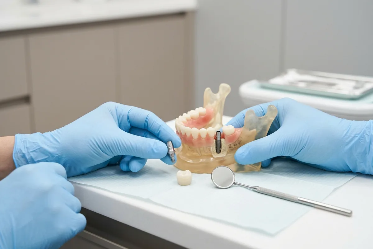 An anatomical jaw model displays a titanium implant screw, separate abutment, ceramic crown, and a mirror.