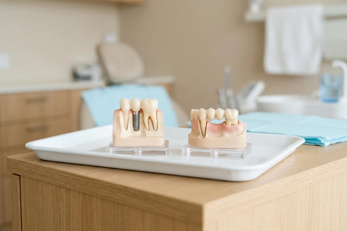 A single dental implant model stands next to a three-unit dental bridge on a sterile clinical tray.