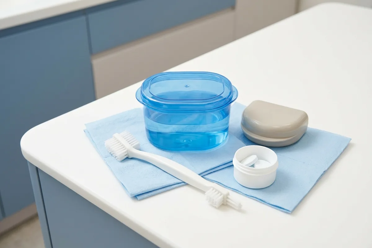 A specialized denture cleansing brush rests next to a soaking bath container on a bathroom counter.