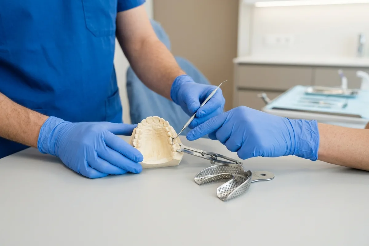 A dental stone model and impression tray arranged on a clean clinic surface for treatment planning.
