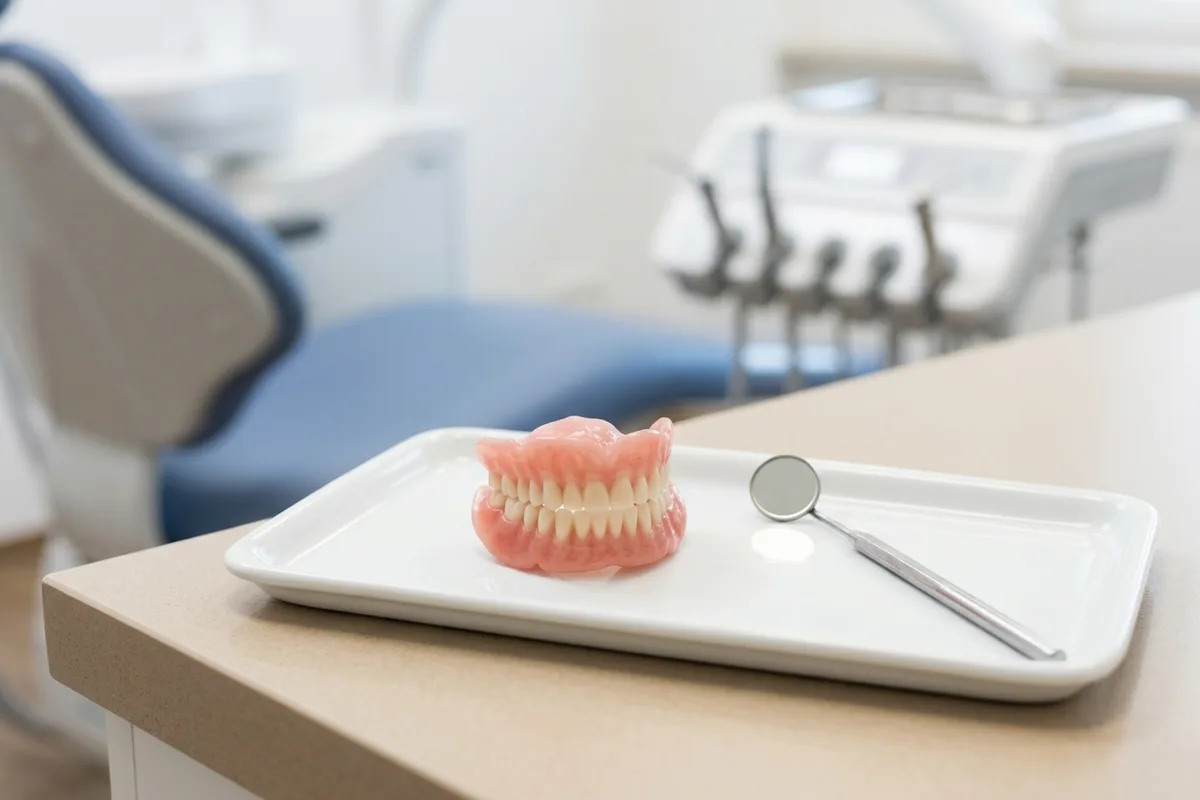 Complete upper and lower dentures resting neatly on a sterile clinical tray beside a dental mirror.