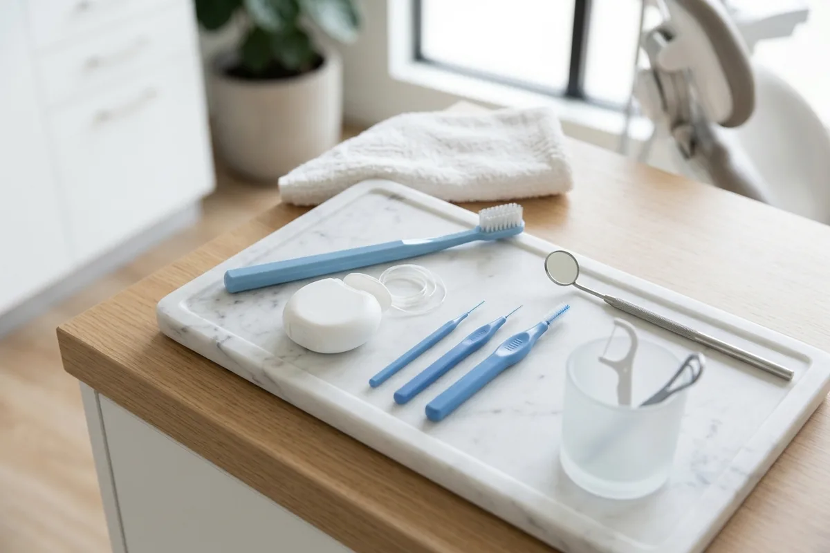 A soft-bristled toothbrush, spool of floss, and interdental brushes laid out on a clean bathroom tray.