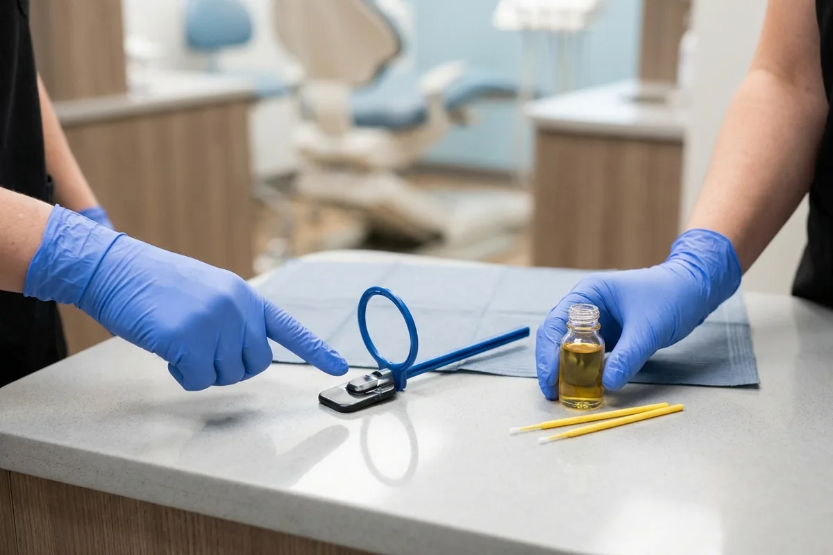 A dental X-ray positioning ring and fluoride varnish applicator set resting on a clean clinical surface.